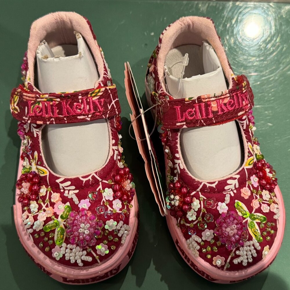 Lelli Kelly MILLY Wine Red Mary Janes Dolly Shoes LK Beaded Flowers New Floral